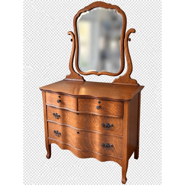Antique 1900’s Atlas Furniture Co. Tiger Oak Serpentine Dresser With Tilting Beveled Mirror and Bail Pull Handles For Sale - Image 4 of 17