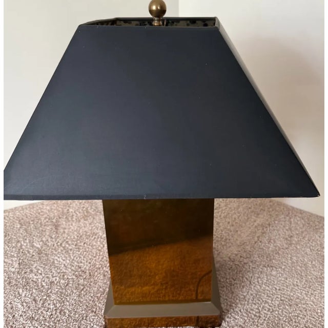 1970s Chapman Mfg. Geometric Patinated Metal Table Lamps With Black Shades - a Pair For Sale In Los Angeles - Image 6 of 13