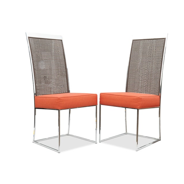 A Pair of Milo Baughman for Thayer Coggin Chromed Steel and Rattan Dining Chairs On Sledge Feet Made in USA 1970's The...