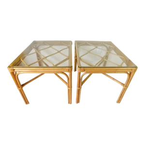 Pair Vintage Mid Century Modern Palm Beach Style Rattan Glass Top Side/End Tables