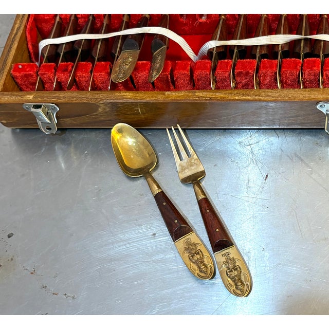 Asian Midcentury Thai Wood/Brass Flatware Serving Set in Box For Sale - Image 3 of 5