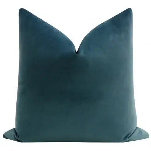 Pair of beautiful custom-made 100% cotton velvet pillows in French Blue. Meticulously handcrafted with serged interior...