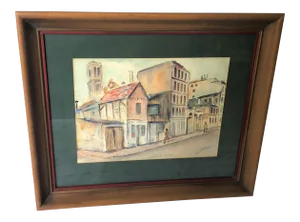 Mid 20th Century French Scene Watercolor Painting, Framed
