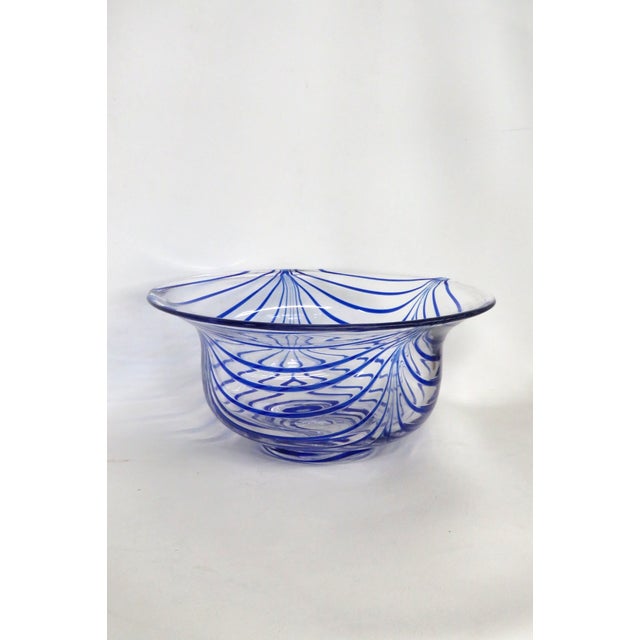 Murano Mid Century Modern Murano Art Glass Serving Bowl With Cobalt Blue Striping 4860b For Sale - Image 4 of 12