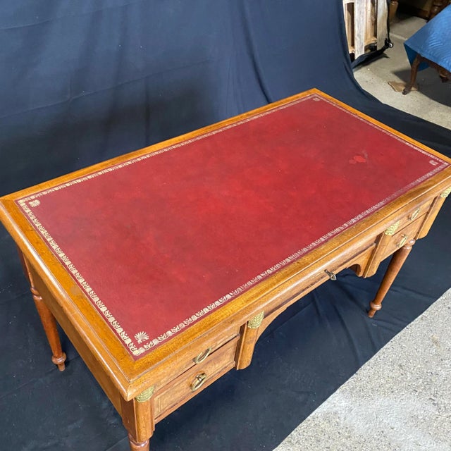 French Louis XVI Inlaid Burled Walnut Desk With Embossed Leather Top For Sale - Image 9 of 13