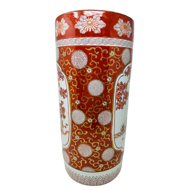 1970s Vintage Made in Japan Imari Style Flower Cart Porcelain Umbrella Stand - 18" H For Sale - Image 4 of 13