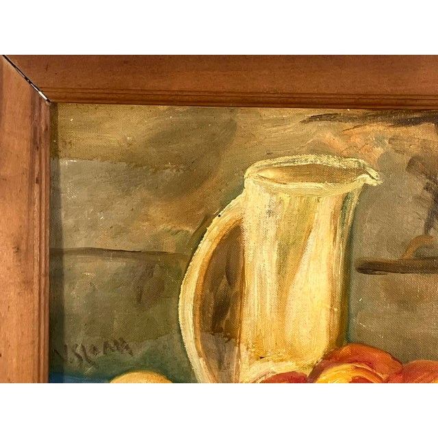 Cubism Mid-Century Still Life Oil Painting by v. Sloan – Bread, Peaches & Pitcher For Sale - Image 3 of 7