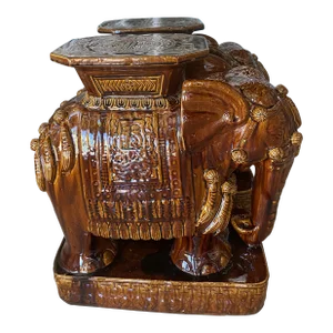 Vintage Brown Glazed Elephant Garden Stands Stools Benches Drink Tables -A Pair