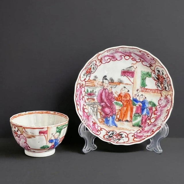 Antique 18th century Chinese Famille Rose Canton porcelain tea bowl and saucer, finely painted with a woman and two...