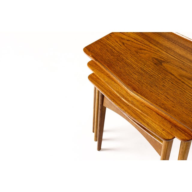Danish Modern Mid Century Vintage Teak + Oak Nesting Tables — Set of Three — Attributed to Svend Aage Madsen For Sale - Image 10 of 15