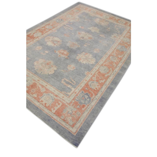 Early 21st Century Early 21st Century Handwoven Wool Turkish Oushak Rug in Red & Blue Floral Design 6'3" X 9'2" For Sale - Image 5 of 7