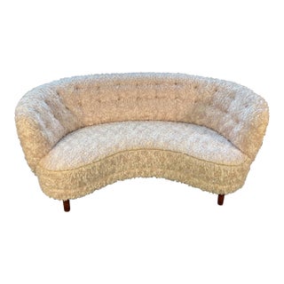 Mid 20th Century Swedish Curved Sofa in New Ivory Curly Upholstery For Sale