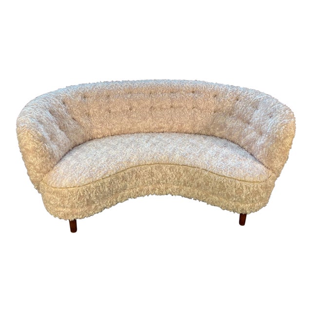 Mid 20th Century Swedish Curved Sofa in New Ivory Curly Upholstery For Sale
