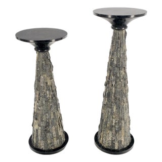 Pair of Polished & Rough Stone Tiles Cone Shape Non Matching Pair of Pedestals For Sale