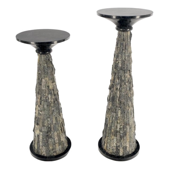 Pair of Polished & Rough Stone Tiles Cone Shape Non Matching Pair of Pedestals For Sale
