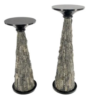 Pair of Polished & Rough Stone Tiles Cone Shape Non Matching Pair of Pedestals