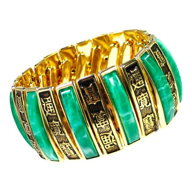 Vintage 1950s Designer Harwood Asian Faux Jade Bracelet For Sale