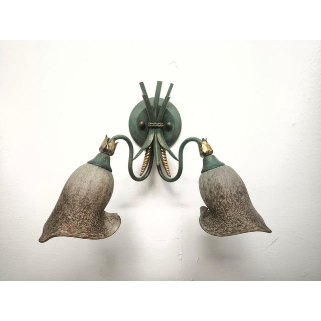 Gold Two-Light Wheat Ear Wall Lamp with Murano Glass, 1980s For Sale - Image 8 of 10