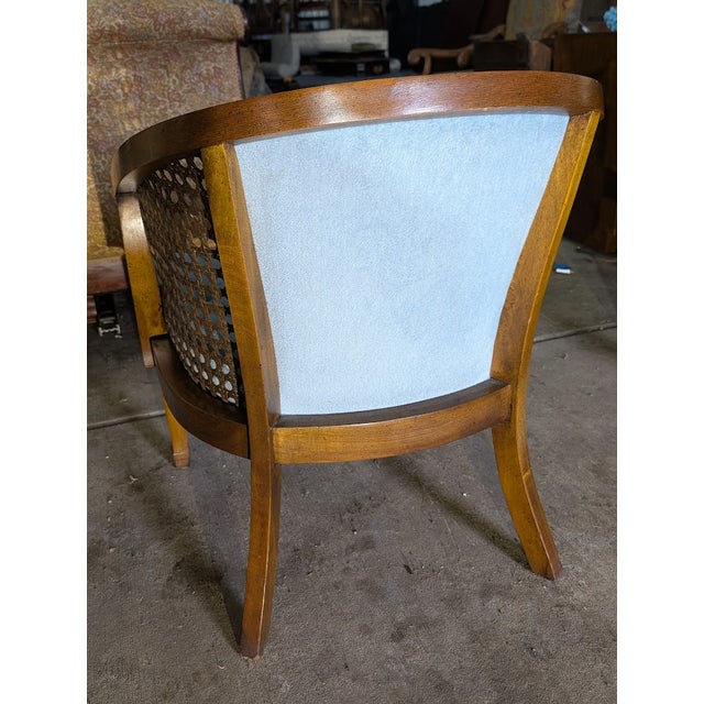 Mid 20th Century Blue Tufted Cane Back Barrel Chair For Sale - Image 9 of 13