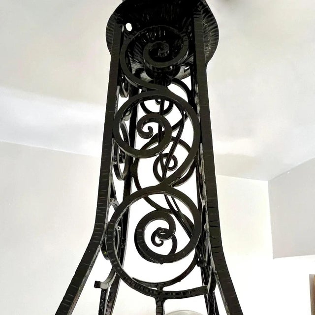 1930s Italian Art Deco White Green Murano Glass Black Iron Lantern For Sale - Image 4 of 12