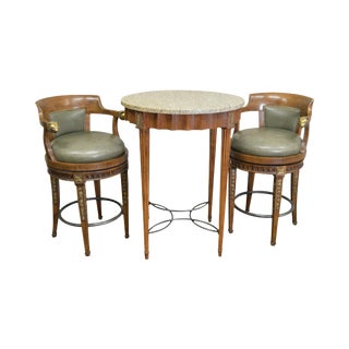 Regency Style Round High Top Table w/ 2 Swivel Leather Stools For Sale