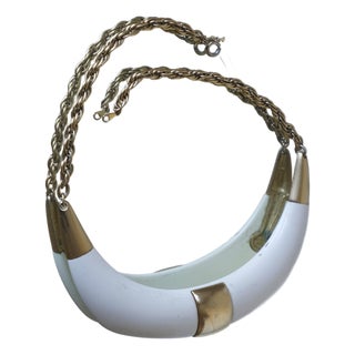 Vintage, 1970s Crown Trifari Resin Double-Horn Statement Choker Necklace, Cream and Gold For Sale