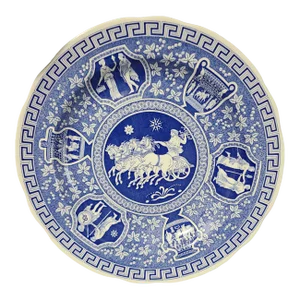 Late 20th Century Blue & White Neoclassical Greek Key Mythological God Zeus Figural Spode Plate, Made in England