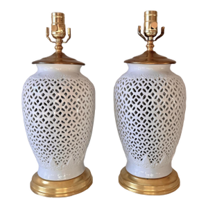 Late 20th Century Chinese Bok Choy Porcelain Cut Out Lattice Table Lamps With Brass Accents: A Pair