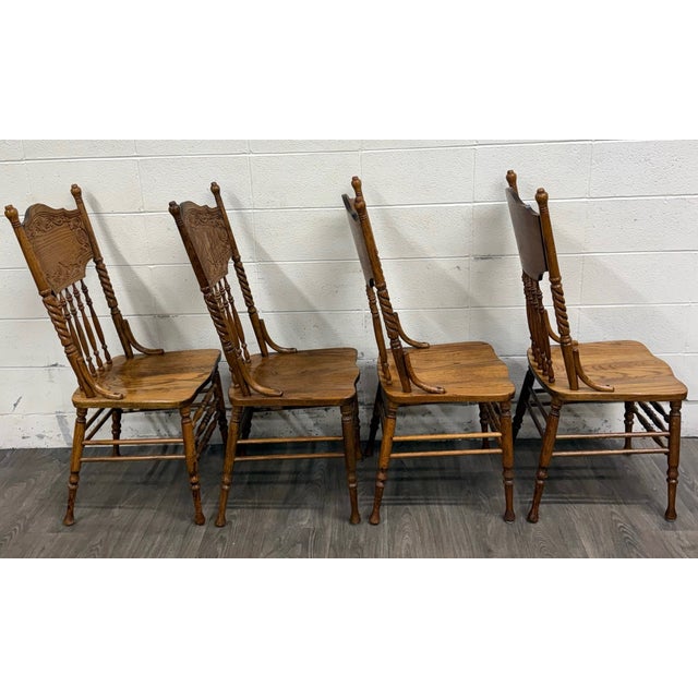 Wood Antique Oak Pressed Back Barley Twist Dining Chairs - Full Set of 4 For Sale - Image 7 of 10