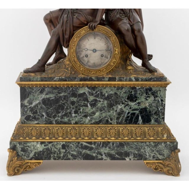 French Empire Patinated & Gilt Bronze Apollo & Diana Figural Mantel Clock, Verde Antico Marble, C. 1830 For Sale In New York - Image 6 of 10