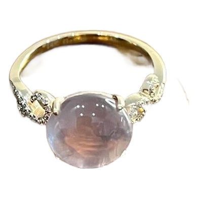 Round Circle Cabochon Pink Rose Quartz 14k Diamond Statement Unique Ring, Size 6.75 For Sale