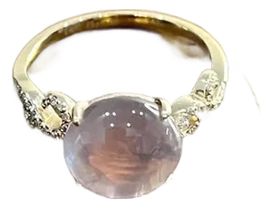 Round Circle Cabochon Pink Rose Quartz 14k Diamond Statement Unique Ring, Size 6.75