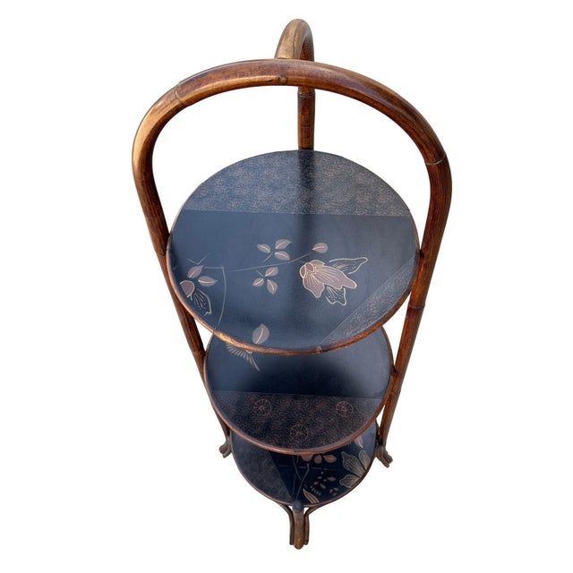 1970s 1970s Costal Three Tiered Dark Stained Rattan Shelf w East Asian Motif Tops For Sale - Image 5 of 11