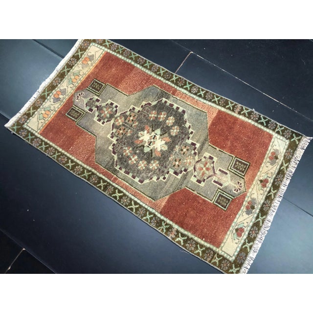 Vintage Turkish Handmade Red and Gray Small Rug For Sale - Image 4 of 6