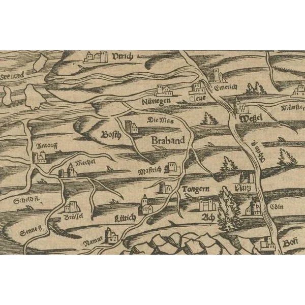 Title: Rare 16th Century Woodcut Map of Brabant and the Rhine Valley, circa 1550 : This rare and highly decorative early...