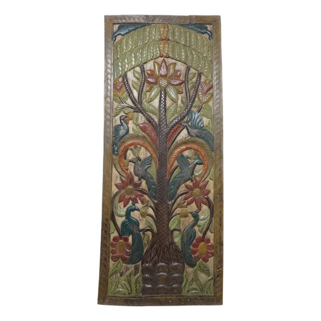 Hand-Painted Tree of Life Carved Wood Door Panel – Vintage Indian Folk Art Wall Decor 84x36 For Sale