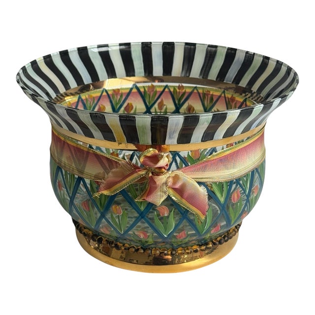 Vintage MacKenzie-Childs Circus Tulips Hand Blown/Hand Painted Glass Bowl-Retired For Sale