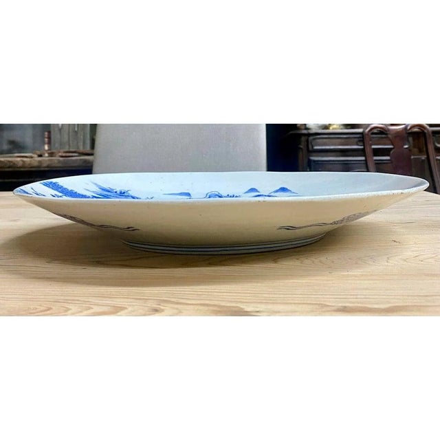 Ceramic Antique Japanese Blue and White Porcelain Charger Plate With Pictorial Spring Scene For Sale - Image 7 of 7