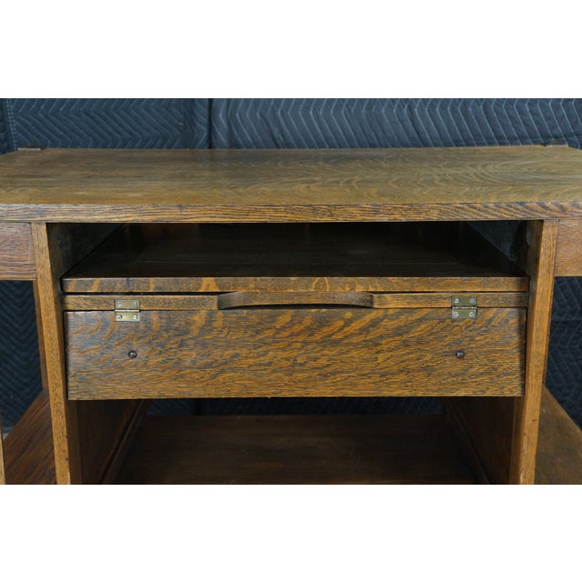 1900 - 1909 Antique Mission Arts Craft Quartersawn Oak Library Bookcase Table Desk Inkwell For Sale - Image 5 of 18