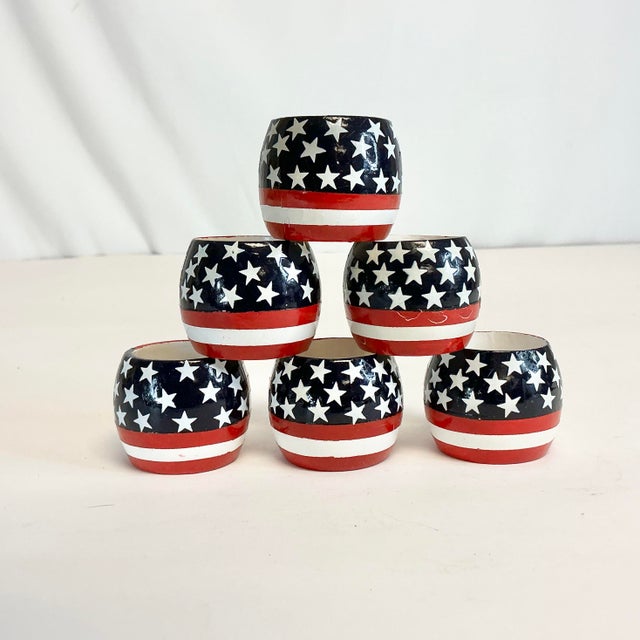 Vintage Americana Arts & Crafts Boho Chic Painted Wood Flag Motif Napkin Rings - Set of 6 - 4th of July For Sale - Image 6 of 14