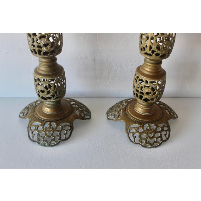 Vintage Altar Size Pierced Brass Floor Candlestick Holders Ornate Reticulated Design Mid Century For Sale In Miami - Image 6 of 15
