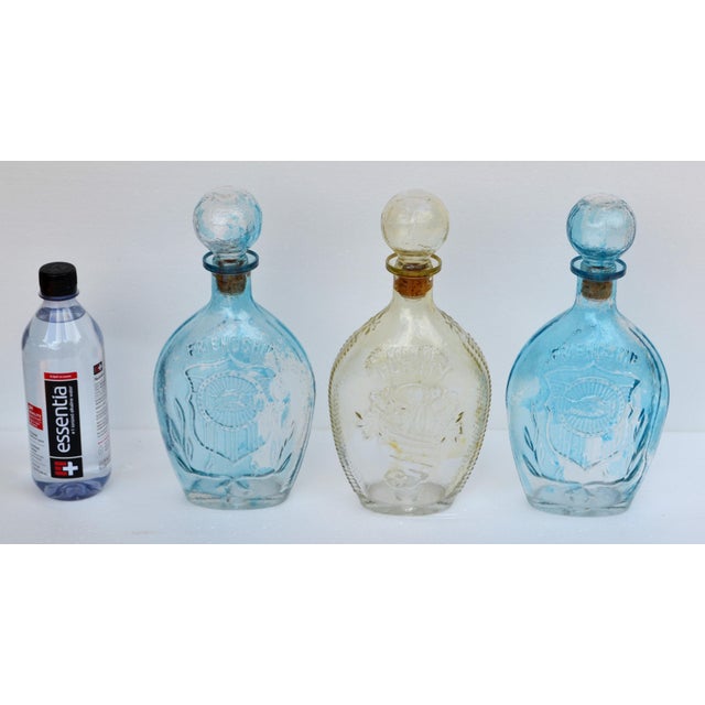 Mid-20th Century American Blown Glass Flasks Decanter Bottles Friendship Horn of Plenty Blue Amber - Set of 3 For Sale - Image 9 of 18