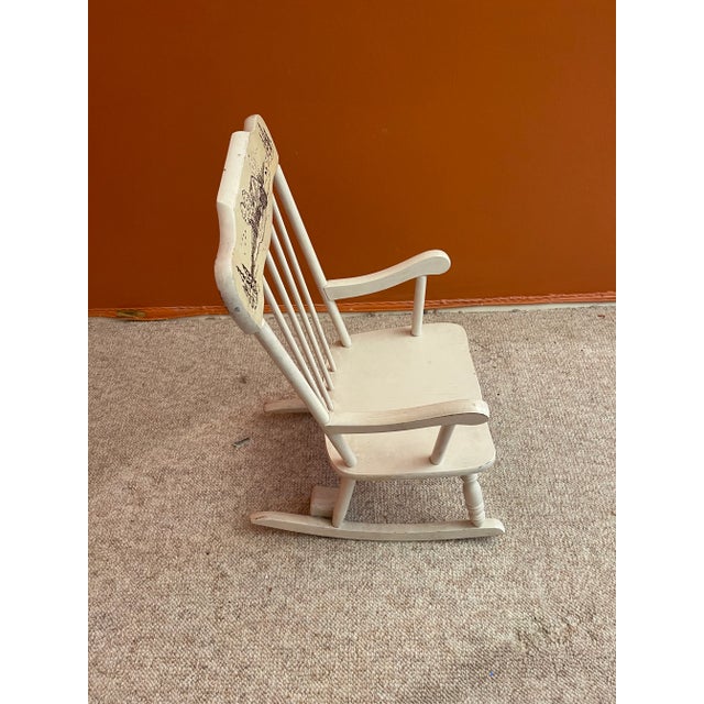White 1970s Vintage White Wooden Children’s Nursery Rocking Chair With Black Etching and Music For Sale - Image 8 of 11
