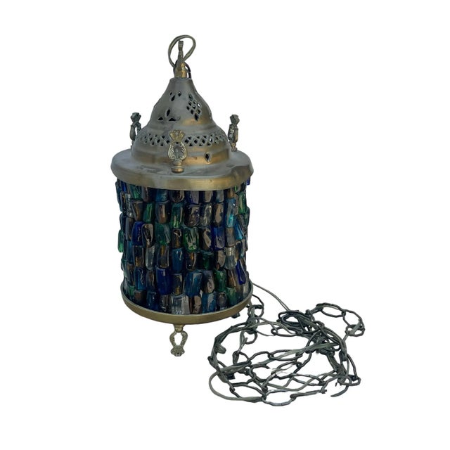 Metal Vintage Hebron Glass Beaded Swag and Brass Lamp/Swag Light For Sale - Image 7 of 12