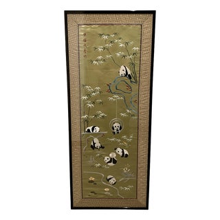 Framed Embroidered Silk Panda Bear Panel, 1935 For Sale