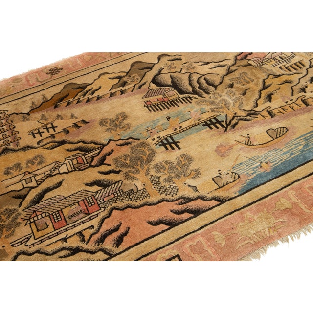 1900 - 1909 Antique Chinese Art Deco Wool Rug Handmade in Beige With Pictorial Design For Sale - Image 5 of 9