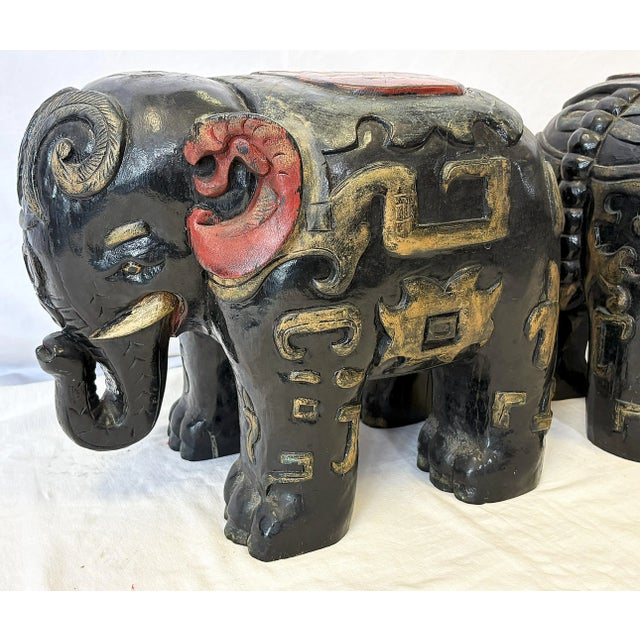 Vintage Solid Wood Painted African Elephant Stools- A Pair For Sale - Image 10 of 15