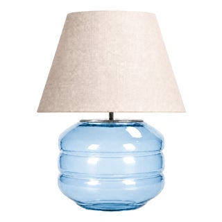 Hand-Blown Glass Table Lamp with Linen Shade in Aqua by Svitanok For Sale