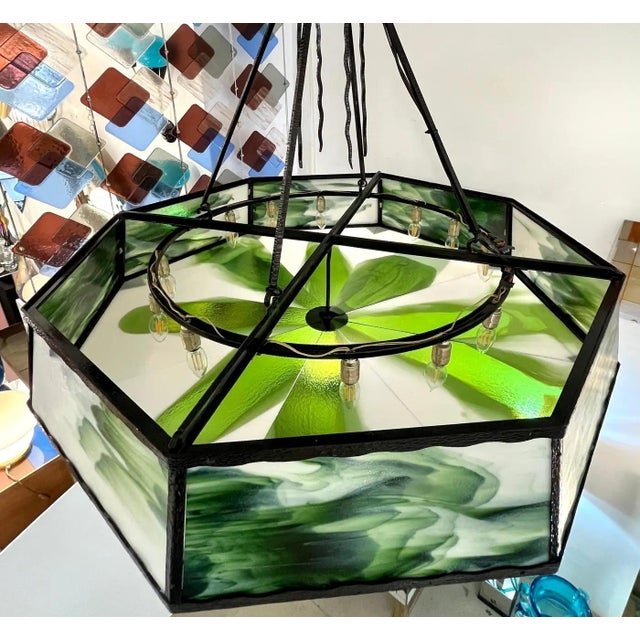 1930s 1930s Italian Art Deco White Green Murano Glass Black Iron Lantern For Sale - Image 5 of 12