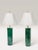 A striking pair of substantial verde solid-marble column lamps featuring rich emerald veining and warm satin brass...